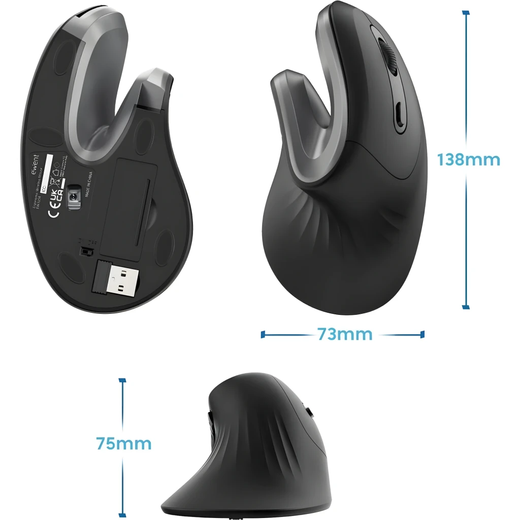 Ewent Ratón Vertical Inalámbrico EW3154 Negro Plata, vista lateral: diseño ergonómico vertical, rueda central, botón DPI y - Ítem3