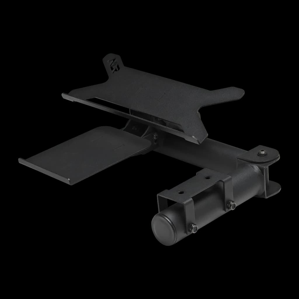 Next Level Racing F-GT Pro Keyboard Mouse Tray noir, vue en perspective: plateau métallique avec bras articulé et pince de