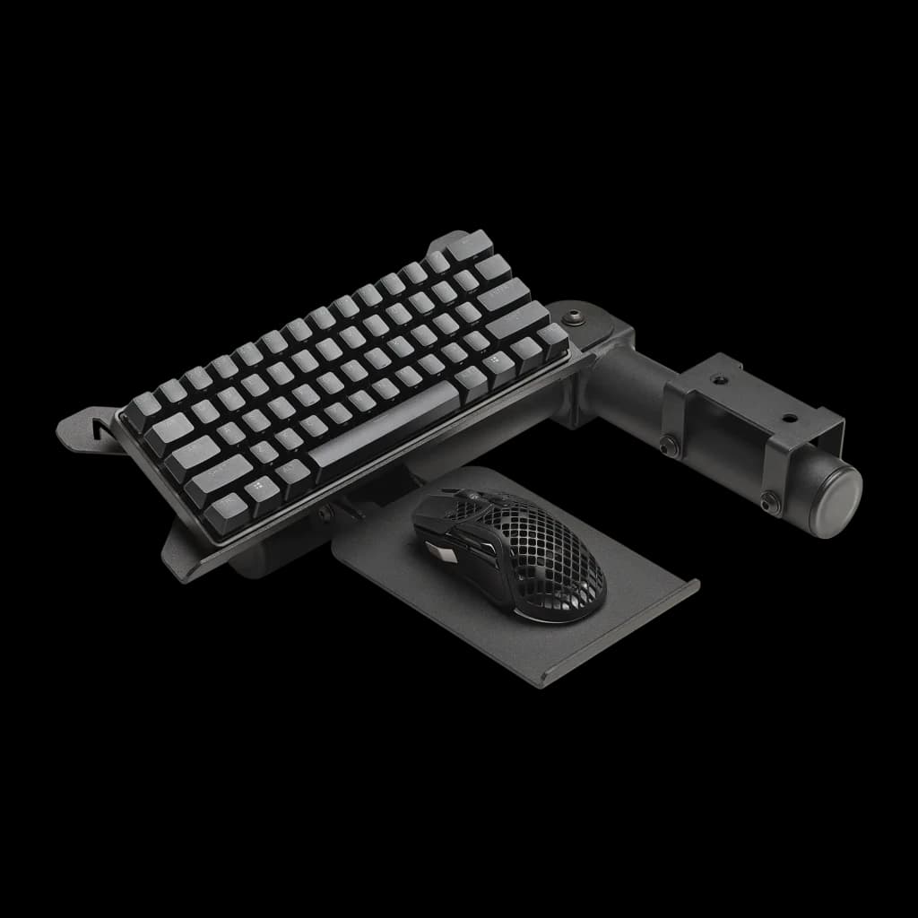 Next Level Racing F-GT Pro Keyboard & Mouse Tray noir, vue en perspective: plateau avec clavier et souris gaming sur support