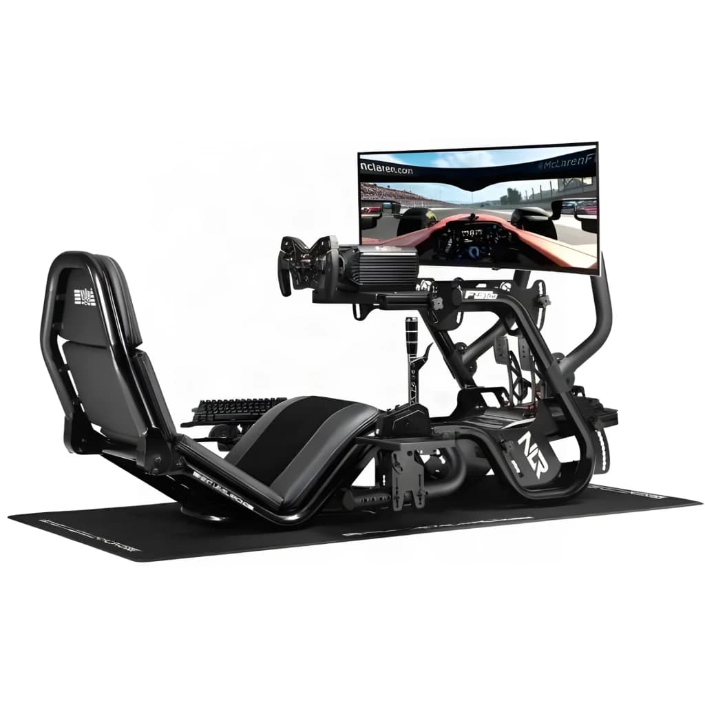 Next Level Racing Support F-GT Pro Keyboard & Mouse Tray noir, vue latérale: plateau monté sur cockpit simulateur avec
