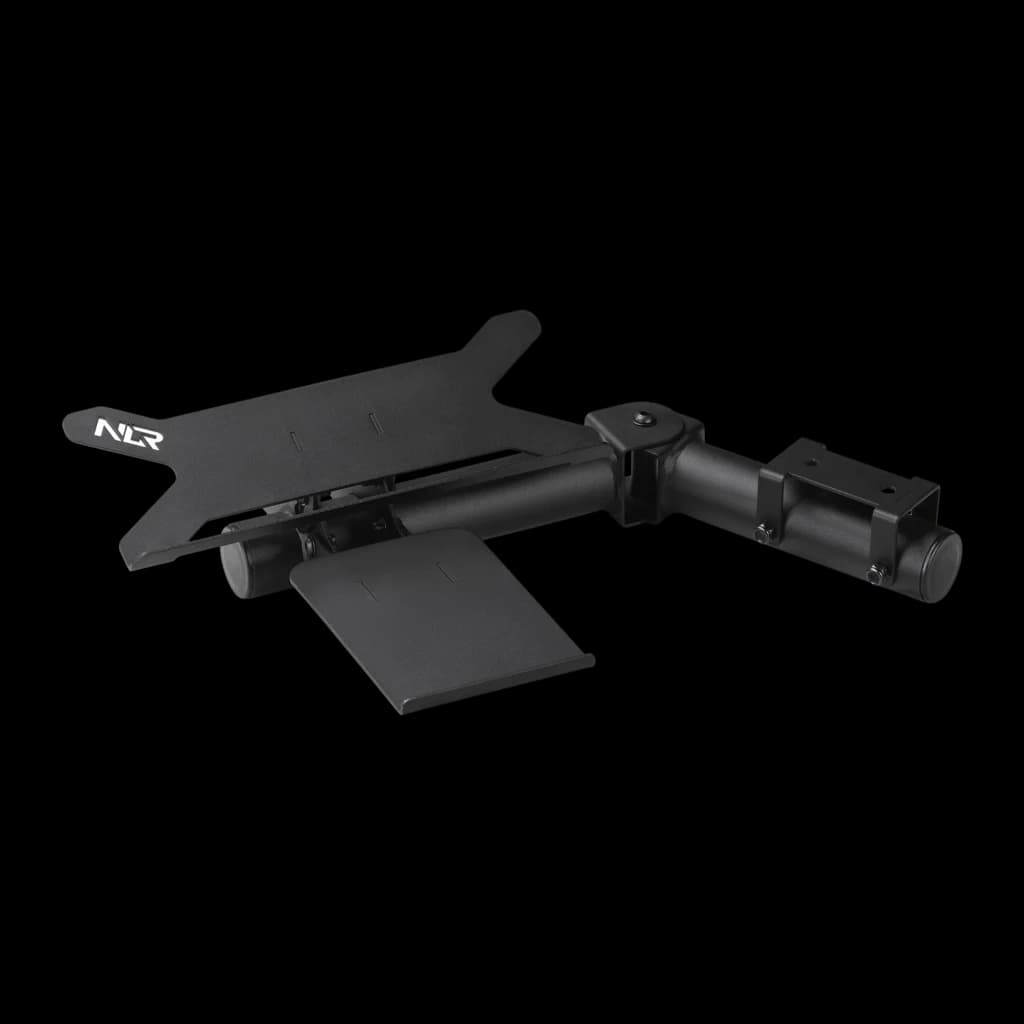 Next Level Racing F-GT Pro Keyboard Mouse Tray noir, vue en angle: plateau clavier, repose-poignet et bras de montage