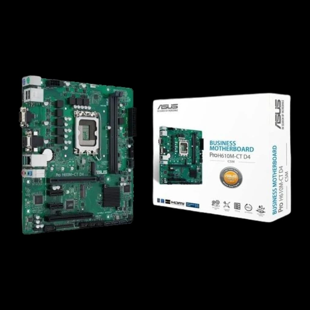 ASUS PRIME H610M-C D4-CSM mATX, vue principale: carte mère verte avec socket LGA1700 et boîte du produit