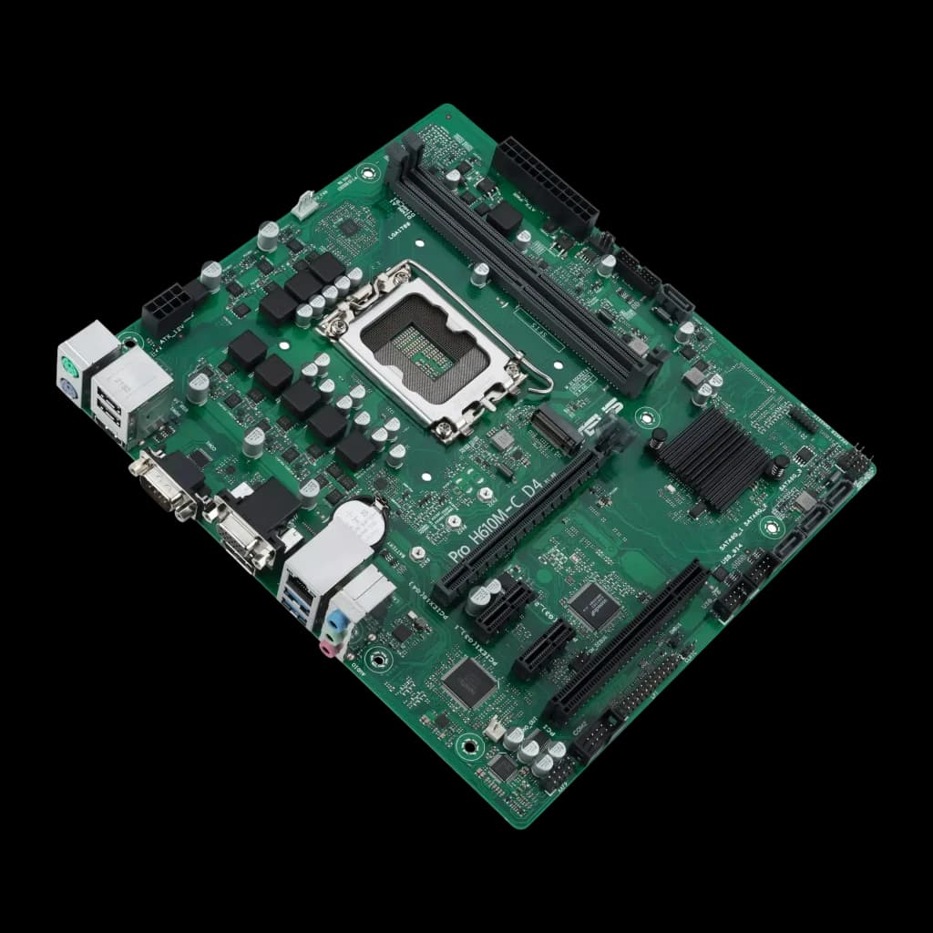 ASUS PRIME H610M-C D4 mATX Socket 1700, vue diagonale: PCB vert avec socket LGA1700, slots DDR4 et panneau E/S arrière