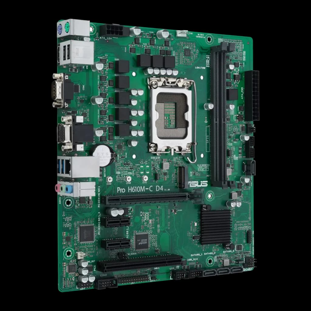 ASUS PRIME H610M-C D4-CSM mATX, vue en angle: PCB vert avec socket LGA1700, slots DDR4 et ports I/O arrière visibles