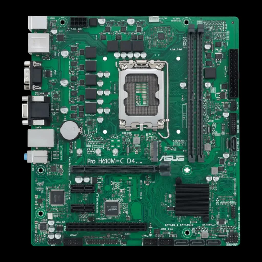 ASUS PRIME H610M-C D4-CSM carte mère mATX, vue dessus: socket LGA1700, slots DDR4, panneau arrière HDMI DP VGA