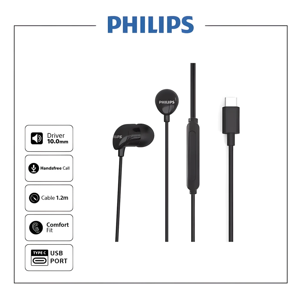 Philips TAE2146BK Negro, vista frontal: auriculares intrauditivos con cable, mando en línea y conector USB-C - Ítem1