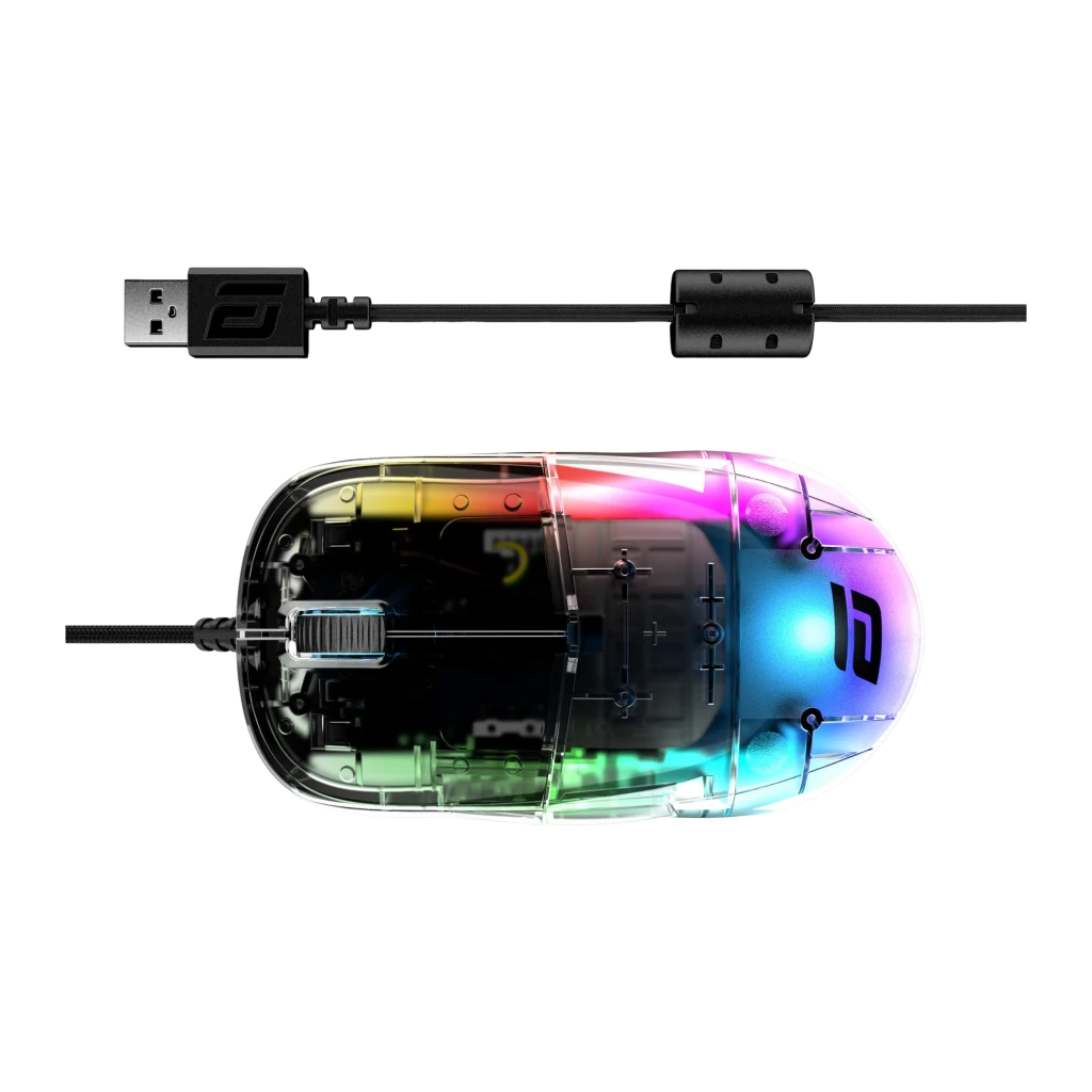 Endgame Gear XM1 RGB branco, vista superior: textura triangular, roda preta e logótipo dourado na traseira - Item1