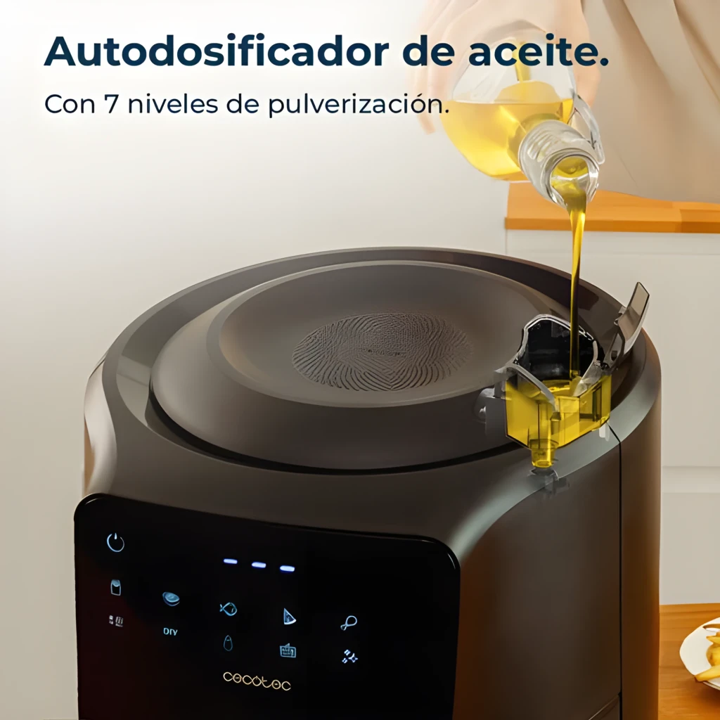 Cecotec CecoFry Rain negro, vista frontal: panel táctil con iconos de programas y asa plateada con logo - Ítem2