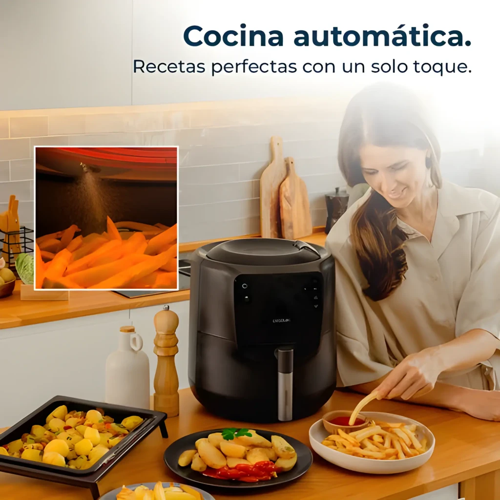 Cecotec CecoFry Rain negro, vista frontal: panel táctil con iconos de programas y asa plateada con logo - Ítem3