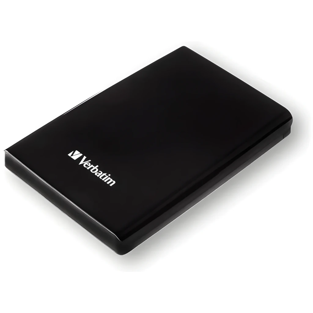 Verbatim Store n Go 1TB preto, vista frontal: superfície lisa preta com logótipo Verbatim e bordas laterais cinzentas - Item1
