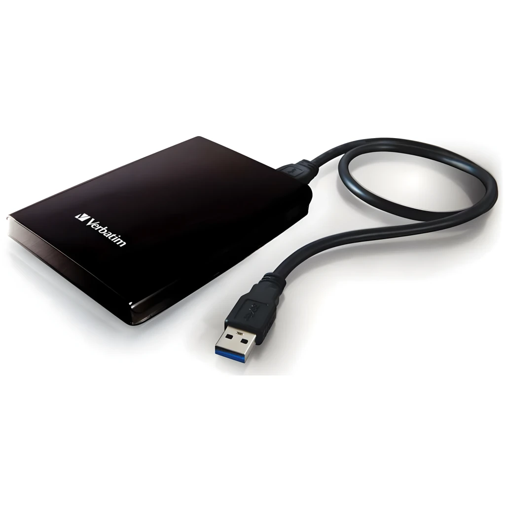 Verbatim Store n Go 1TB preto, vista frontal: superfície lisa preta com logótipo Verbatim e bordas laterais cinzentas - Item3