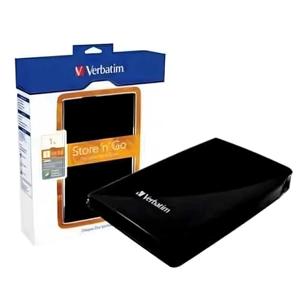 Verbatim Store n Go 1TB preto, vista frontal: superfície lisa preta com logótipo Verbatim e bordas laterais cinzentas - Item4