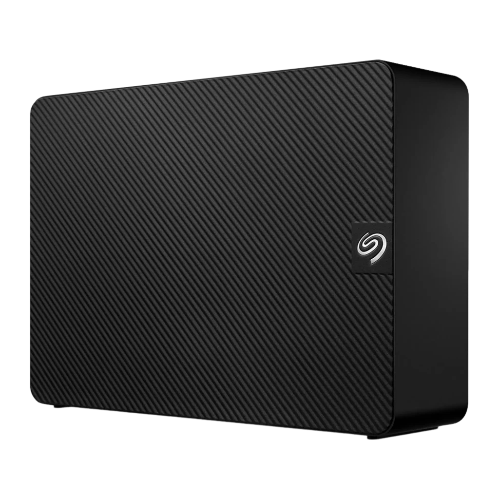 Seagate Expansion Desktop STKP8000400 8TB noir, vue de dessus: texture striée diagonale et logo Seagate dans le coin - Ítem1