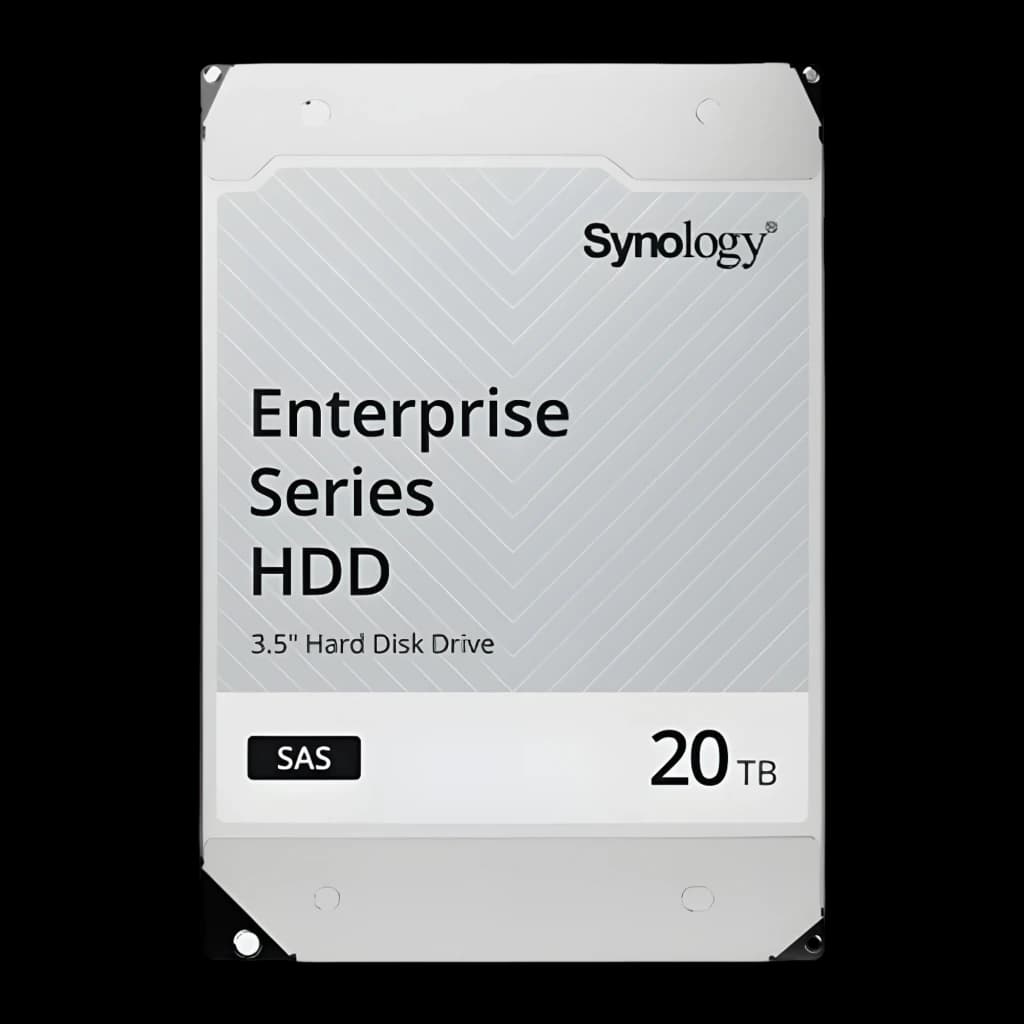 Synology HAS5310 12TB, vista frontal: etiqueta Enterprise Series HDD SAS 3,5 polegadas com logo Synology