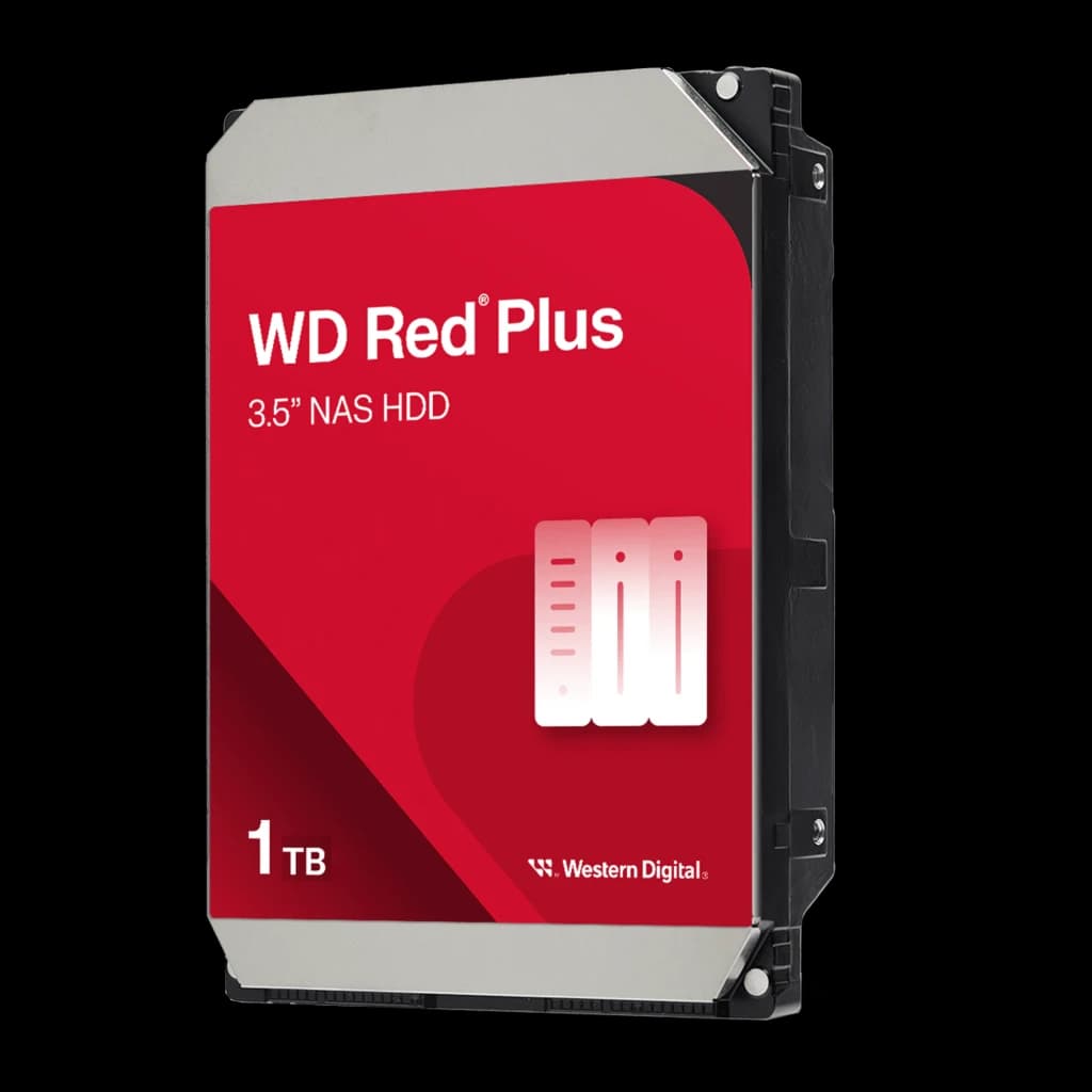 WD Red Plus WD100EFGX 10TB vermelho, vista em ângulo: etiqueta frontal vermelha com logo e lateral preta com parafusos