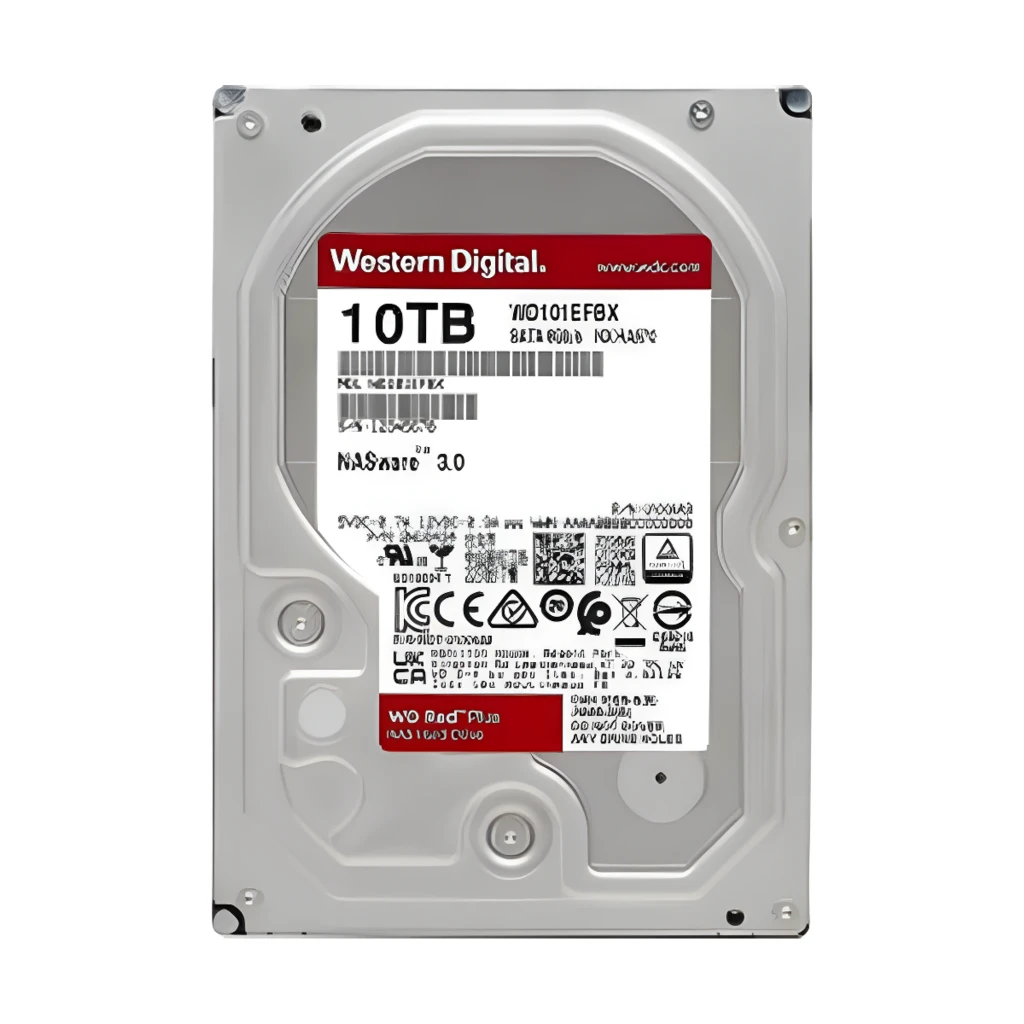 WD Red Plus WD100EFGX 10TB rouge, vue en angle: étiquette frontale rouge avec logo et côté noir avec vis - Ítem2