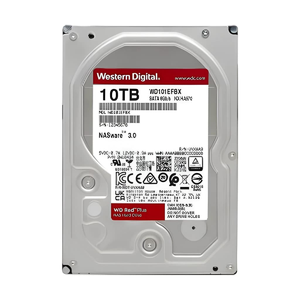 WD Red Plus WD100EFGX 10TB vermelho, vista frontal: etiqueta com logo Western Digital, capacidade 10TB e modelo visível