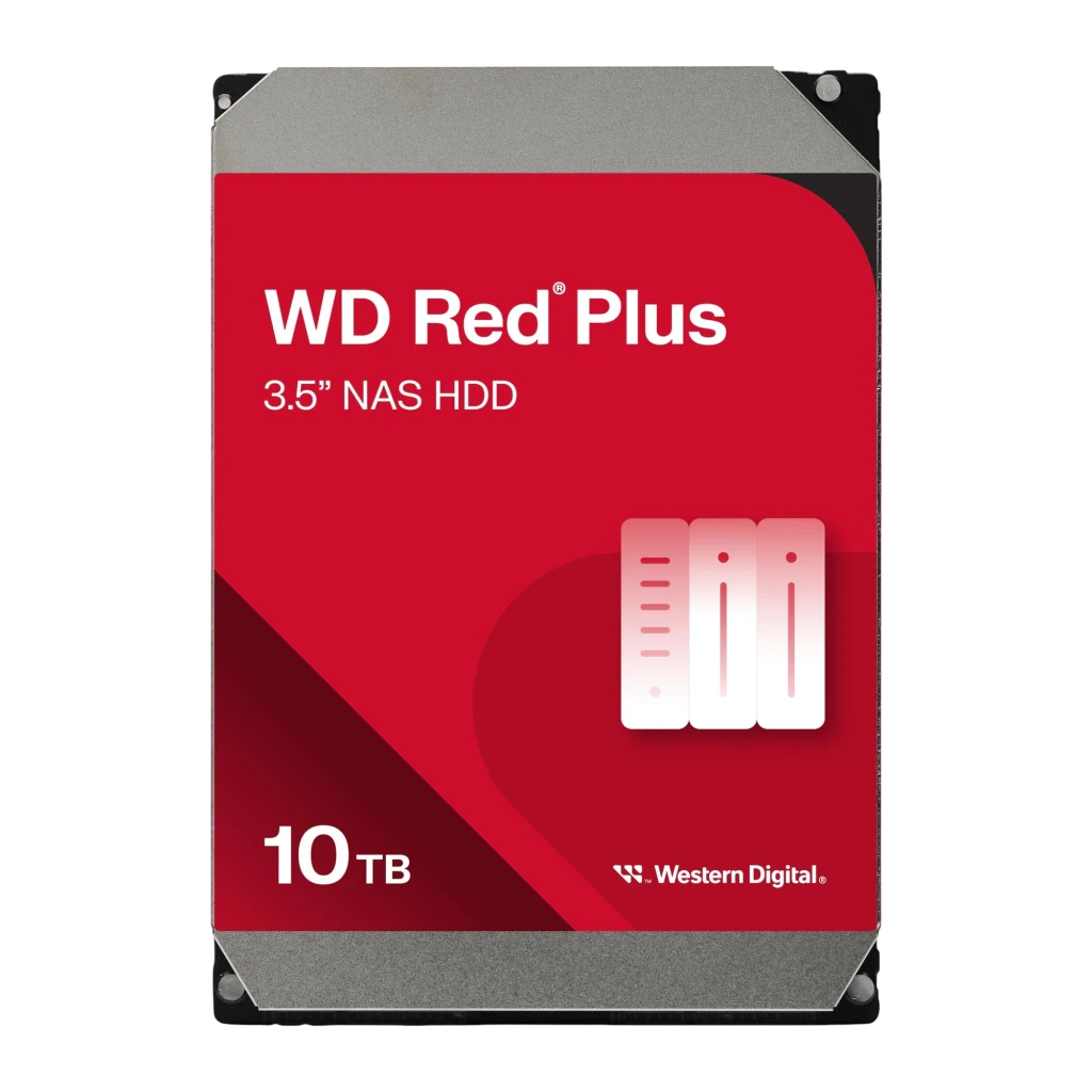 WD Red Plus WD100EFGX 10TB rouge, vue en angle: étiquette frontale rouge avec logo et côté noir avec vis - Ítem1