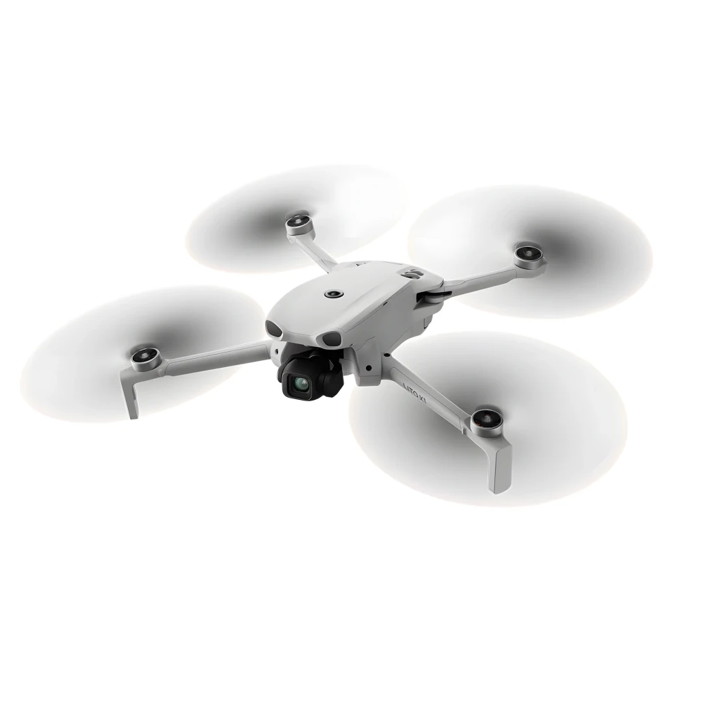 DJI Dron Neo X1 4K Gris 22GB, vista diagonal frontal: cuatro hélices desplegadas, cámara giroscópica y puntas naranja - Ítem1