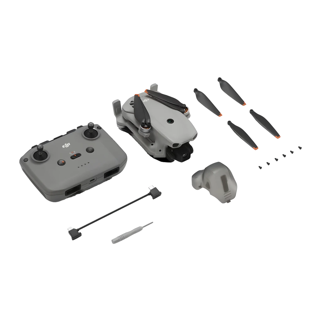 DJI Dron Neo X1 4K Gris 22GB, vista diagonal frontal: cuatro hélices desplegadas, cámara giroscópica y puntas naranja - Ítem2