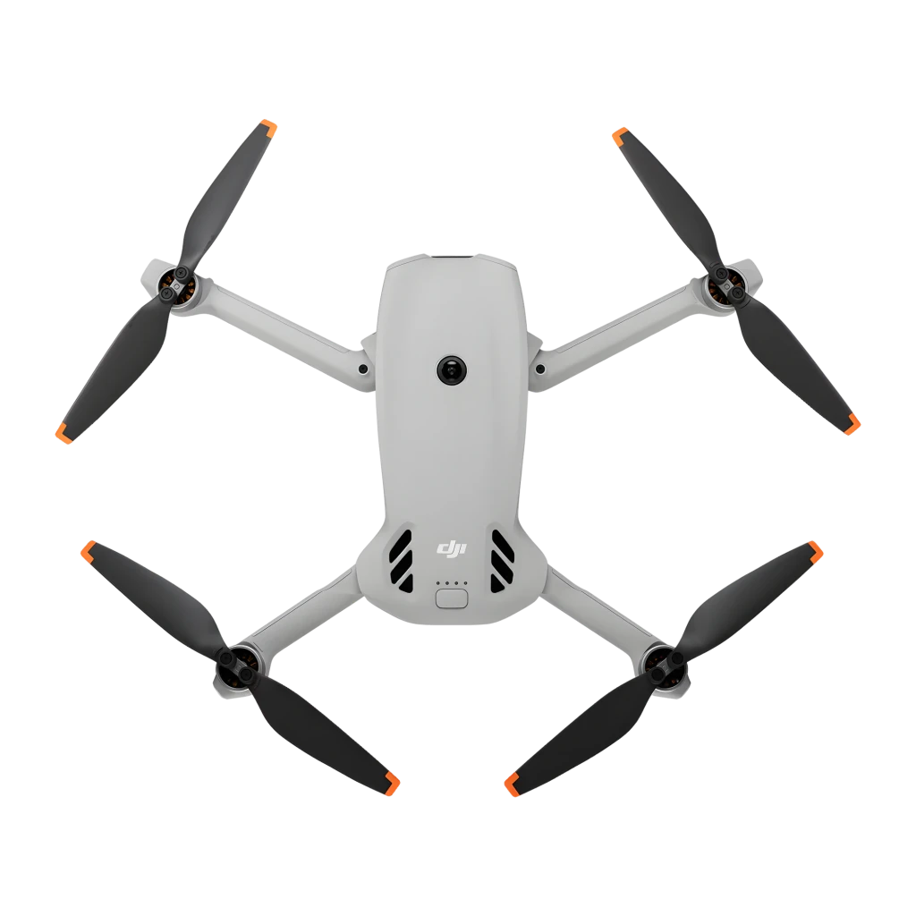 DJI Dron Neo X1 4K Gris 22GB, vista diagonal frontal: cuatro hélices desplegadas, cámara giroscópica y puntas naranja - Ítem3
