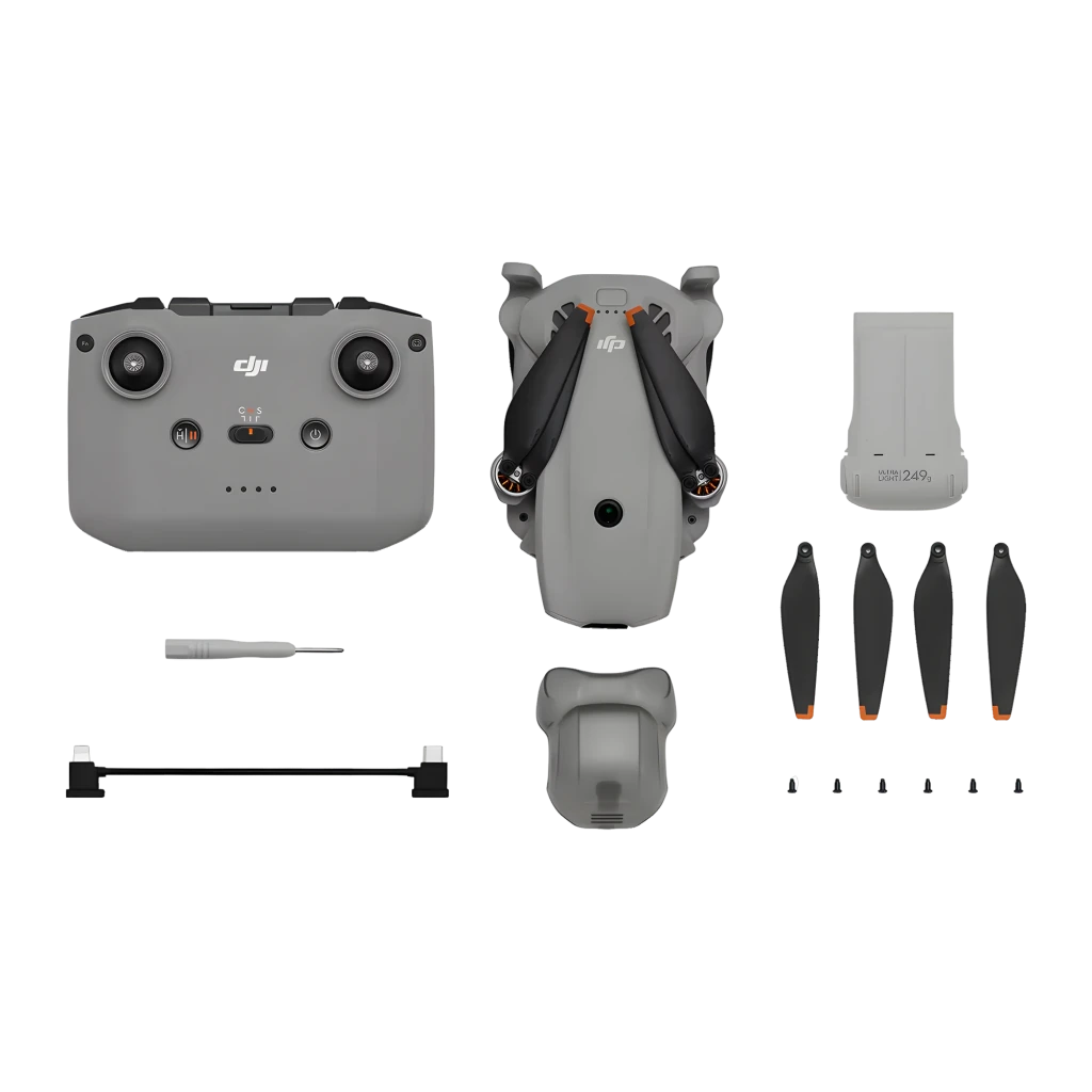 DJI Dron Neo X1 4K Gris 22GB, vista diagonal frontal: cuatro hélices desplegadas, cámara giroscópica y puntas naranja - Ítem4