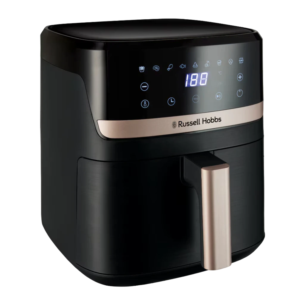 Russell Hobbs Freidora Aire 5.5L Negro y champán, vista frontal: pantalla digital 180°C, iconos táctiles y asa champán - Ítem1
