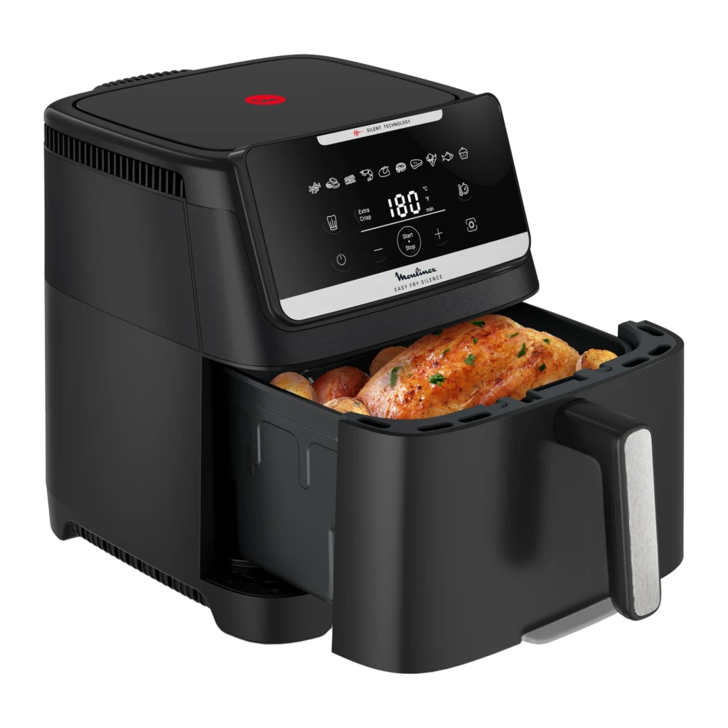 Moulinex Easy Fry Silence 7L 1800W negro, vista frontal: panel táctil con display 180°, programas y asa plateada - Ítem1