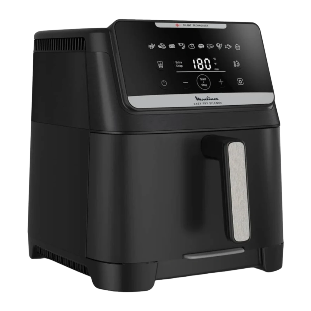 Moulinex Easy Fry Silence 7L 1800W negro, vista frontal: panel táctil con display 180°, programas y asa plateada - Ítem2
