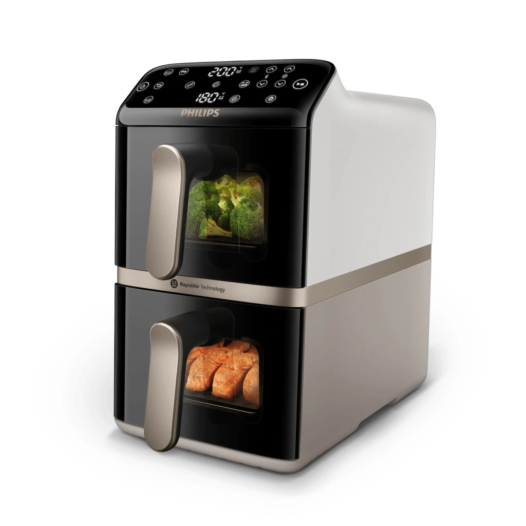 Philips Freidora Aire 4000 Series NA462/80 Doble 10L negro, vista frontal 3/4: dos cajones con ventana, panel táctil LED y - Ítem1