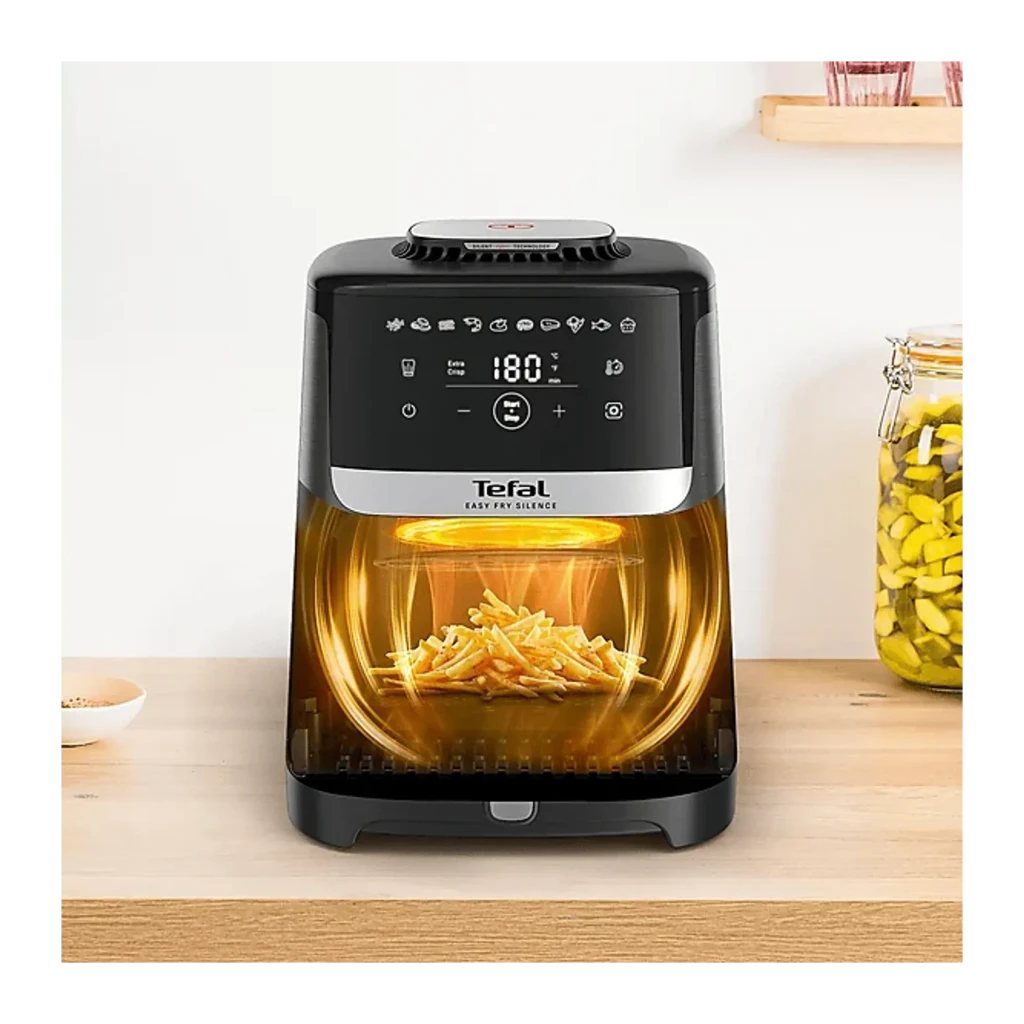 Tefal Easy Fry Silence EY551HE0 5L negro, vista frontal en ángulo: cajón abierto con patatas fritas, panel táctil digital a - Ítem4