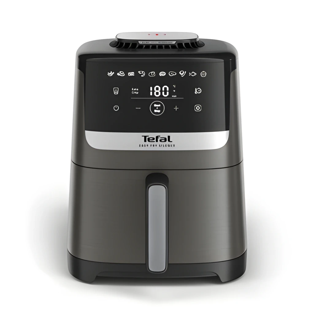 Tefal Easy Fry Silence EY551HE0 5L negro, vista frontal en ángulo: cajón abierto con patatas fritas, panel táctil digital a - Ítem1