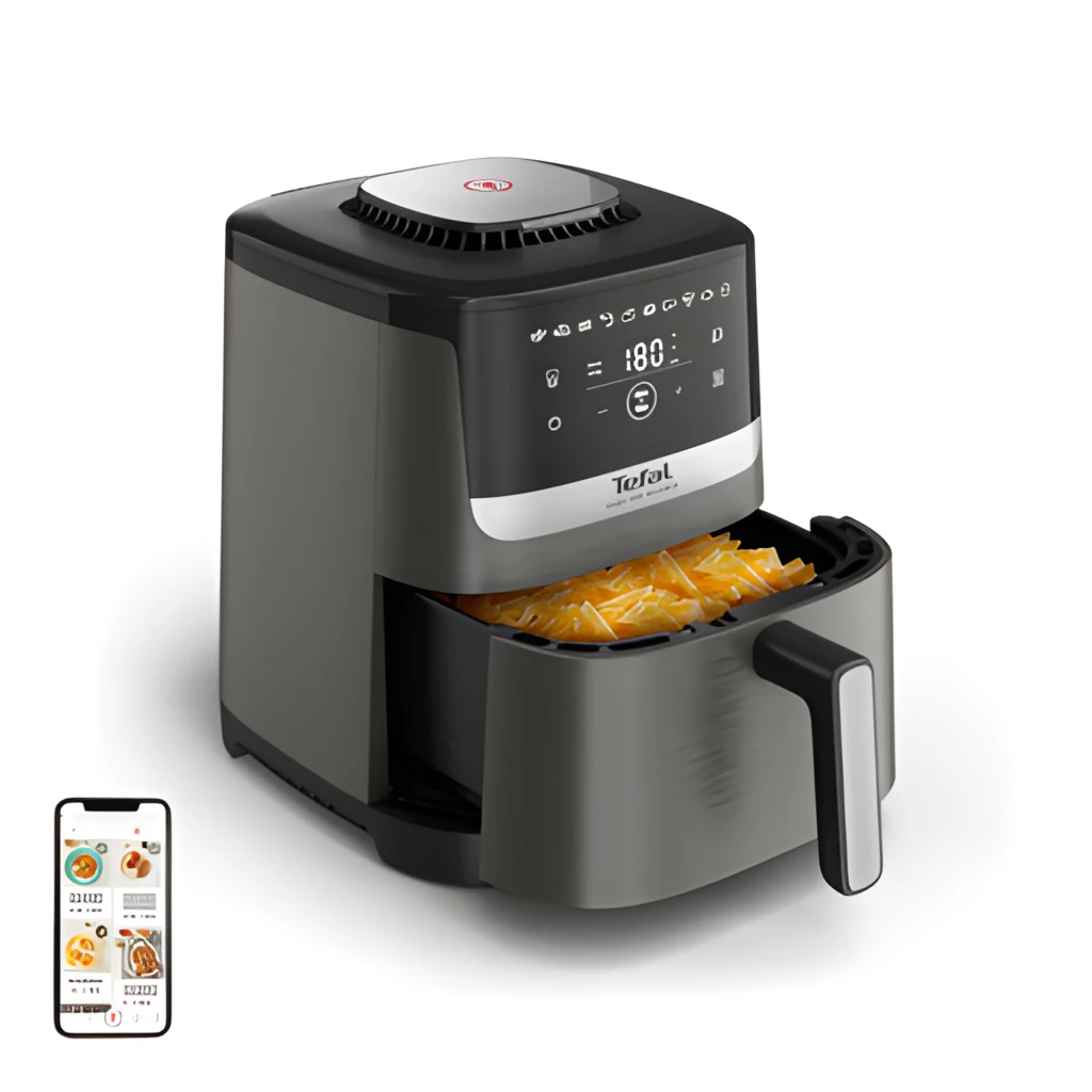 Tefal Easy Fry Silence EY551HE0 5L negro, vista frontal en ángulo: cajón abierto con patatas fritas, panel táctil digital a - Ítem2