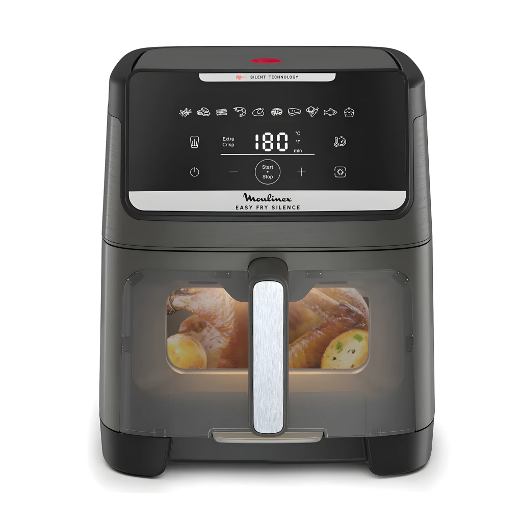 Tefal Easy Fry Silence EY551HE0 5L negro, vista frontal en ángulo: cajón abierto con patatas fritas, panel táctil digital a - Ítem3