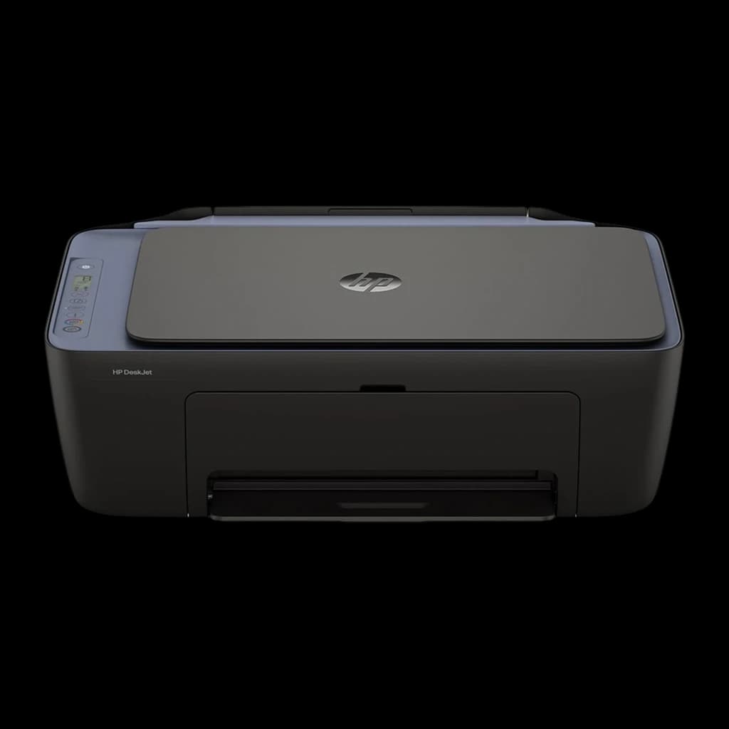 HP Impressora DeskJet 2921e All-in-One Color Cinza, vista frontal: tampa superior com logo HP, painel de botões lateral e