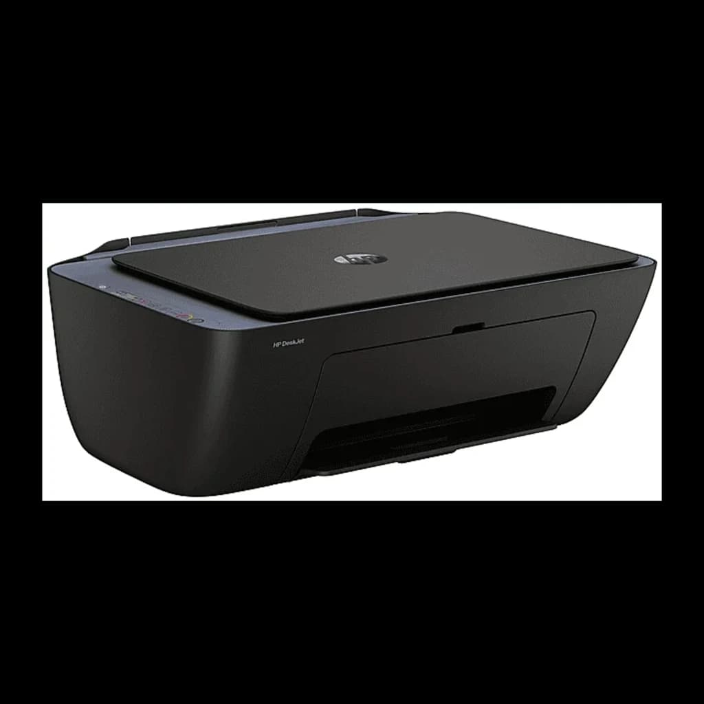 HP Impressora DeskJet 2921e All-in-One Color preto, vista lateral: tampa do scanner, bandeja de saída e logótipo HP visíveis