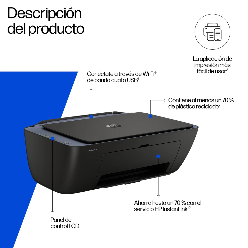 HP Impresora DeskJet 2921e All-in-One Color Gris, vista frontal: tapa superior con logo HP, panel de botones lateral y - Ítem2