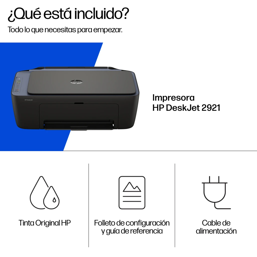 HP Impresora DeskJet 2921e All-in-One Color Gris, vista frontal: tapa superior con logo HP, panel de botones lateral y - Ítem3