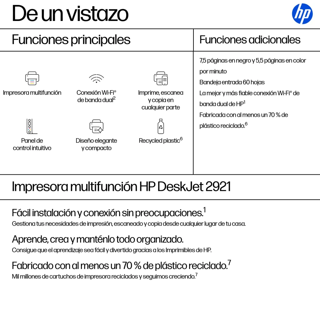 HP Impresora DeskJet 2921e All-in-One Color Gris, vista frontal: tapa superior con logo HP, panel de botones lateral y - Ítem4