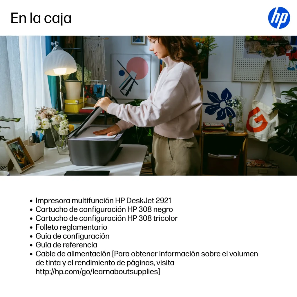 HP Impresora DeskJet 2921e All-in-One Color Gris, vista frontal: tapa superior con logo HP, panel de botones lateral y - Ítem5