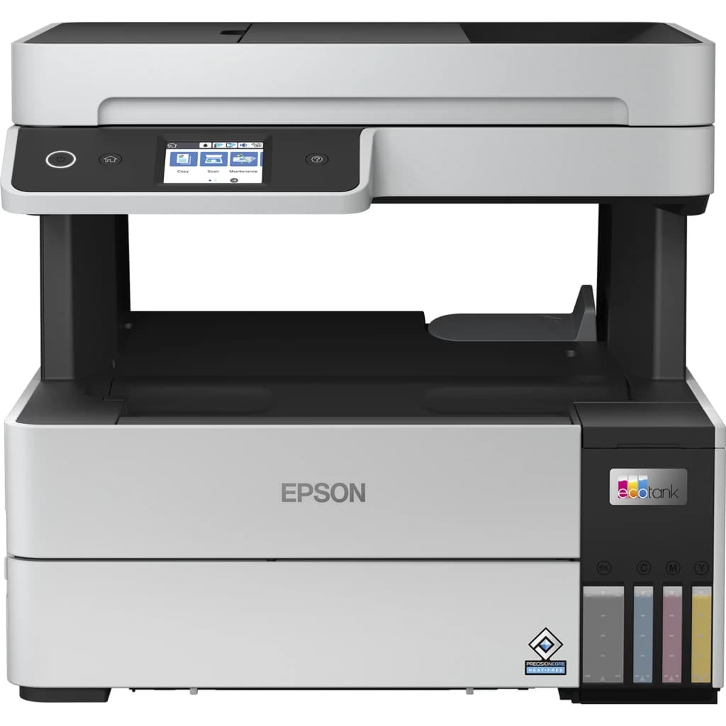 Epson Impresora Multifunción EcoTank ET-5170 Negro Blanco, vista frontal: pantalla táctil, depósitos de tinta visibles y