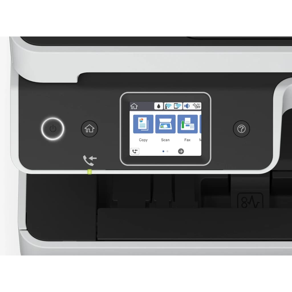 Epson Impresora Multifunción EcoTank ET-5170 Negro Blanco, detalle panel: pantalla táctil con iconos Copy Scan Fax y botones