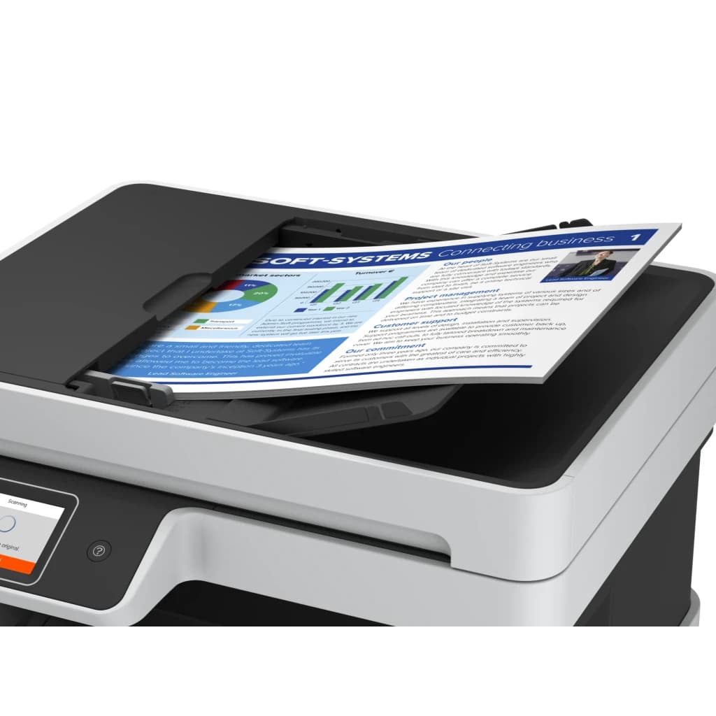 Epson Impresora Multifunción EcoTank ET-5170 Negro Blanco, detalle ADF: documento a color entrando en alimentador automático