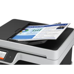 Epson Impresora Multifunción EcoTank ET-5170 Negro Blanco, detalle ADF: documento a color entrando en alimentador automático