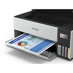 Epson Impresora Multifunción EcoTank ET-5170 Negro Blanco, detalle frontal: bandeja de salida con página a color impresa y