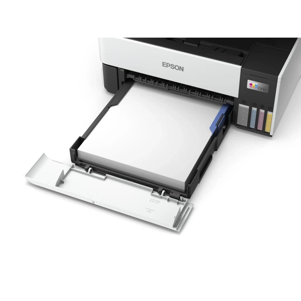Epson Impresora Multifunción EcoTank ET-5170 Negro Blanco, detalle: bandeja de papel extraída con hojas y depósitos de tinta