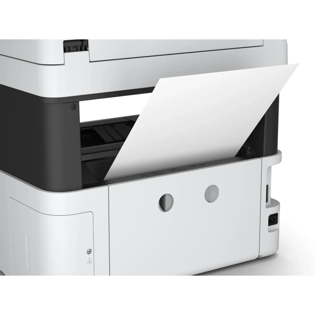 Epson Impresora Multifunción EcoTank ET-5170 Negro Blanco, detalle: bandeja de papel abierta con hoja saliendo, vista