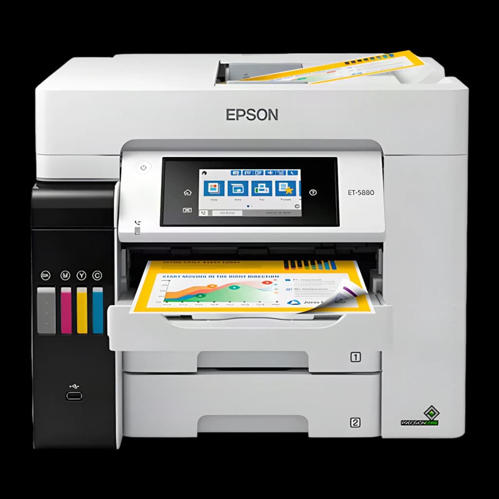 Epson EcoTank Pro ET-5885, vue de face: écran tactile, réservoirs d'encre CMJN visibles et bac avec page imprimée en couleur