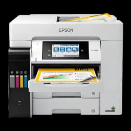 Epson EcoTank Pro ET-5885, vue de face: écran tactile, réservoirs d'encre CMJN visibles et bac avec page imprimée en couleur