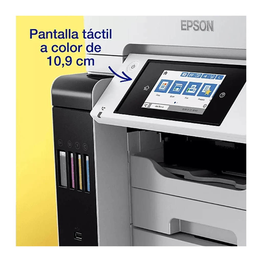 Epson EcoTank Pro ET-5885, vista frontal: pantalla táctil, tanques de tinta CMYK visibles y bandeja con página impresa a - Ítem3